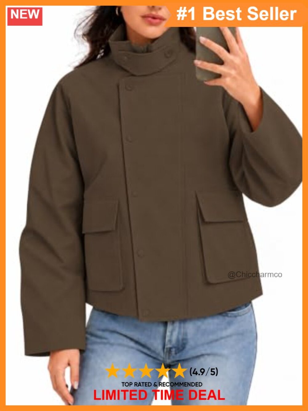 Womens Cropped Trench Coat Bomber Jacket Funnel Neck Zip Up